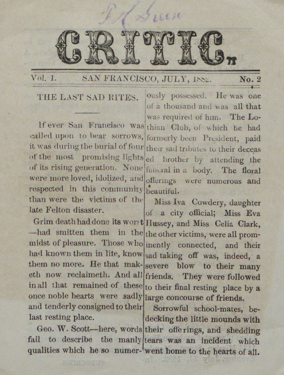 1882年7月在旧金山发行的一期《Critic》，其中描述了几位年轻人的不幸死亡。