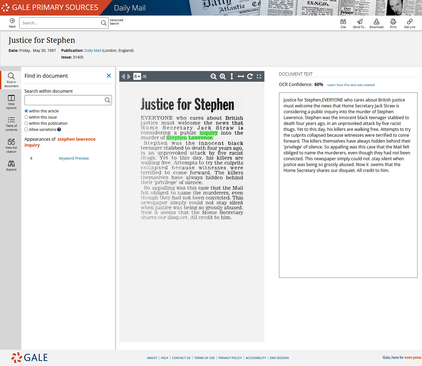 An article from the Daily Mail as it appears in the Gale Primary Sources platform, complete with OCR text, citation tools, and explore options.