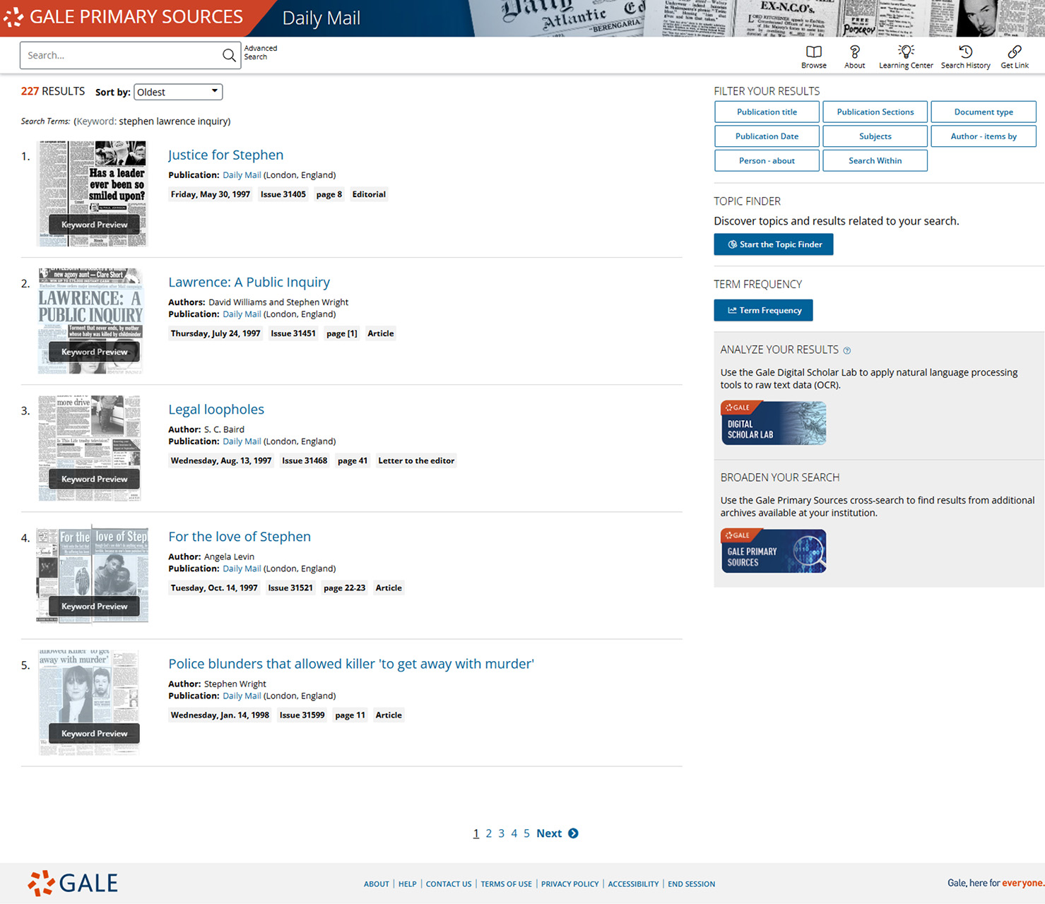 The search results window for the Daily Mail Historical Archive. You can see the Term Frequency and Topic Finder tools on the right.