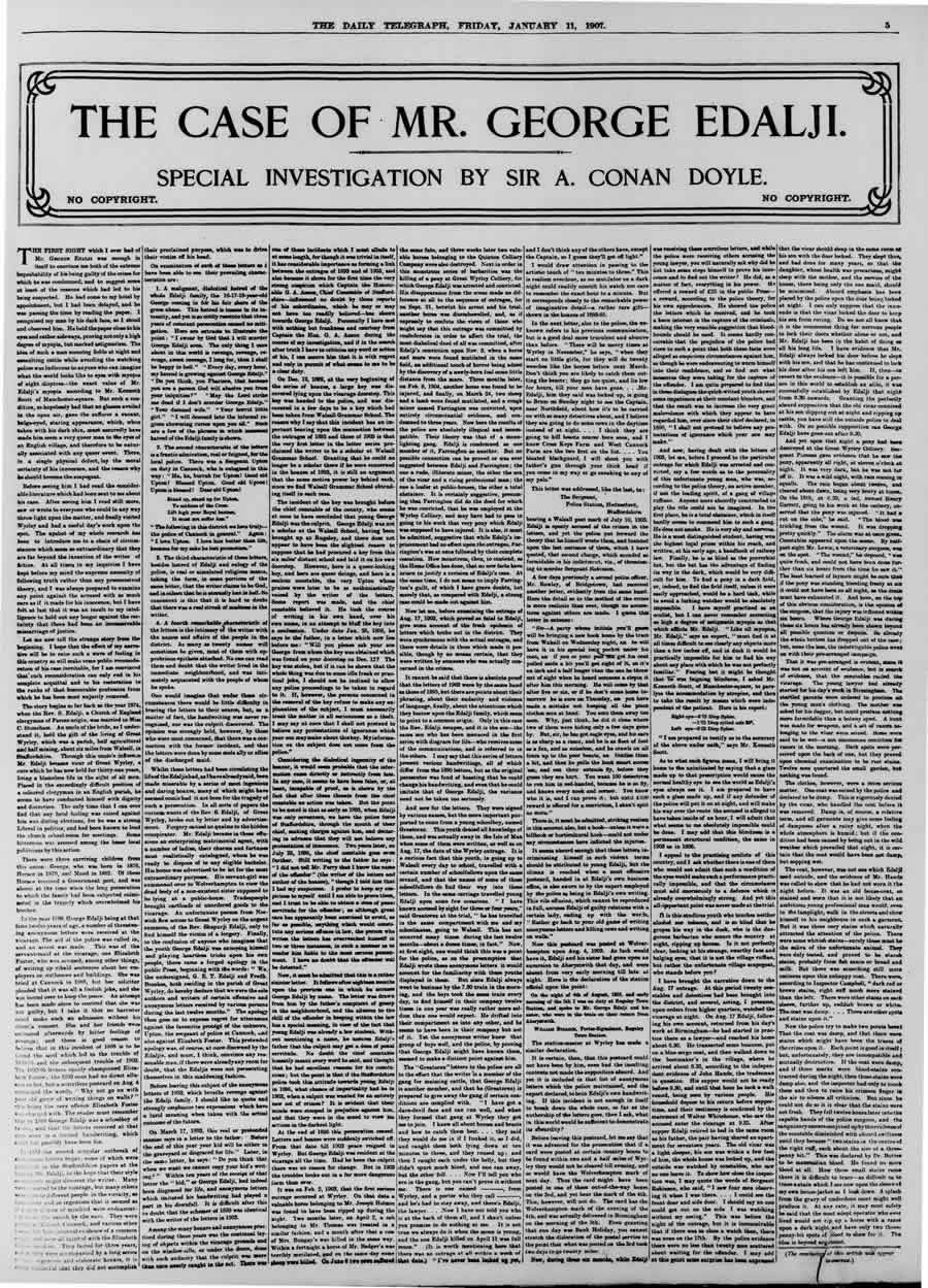 11-12 January 1907, Sir Arthur Conan Doyle’s special investigation into the George Edalji case is published