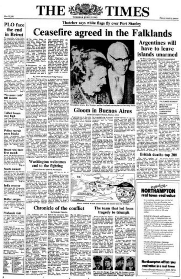 福克兰群岛实现停火， The Times (London, England), Tuesday, Jun 15, 1982; pg. 1; Issue 61260.