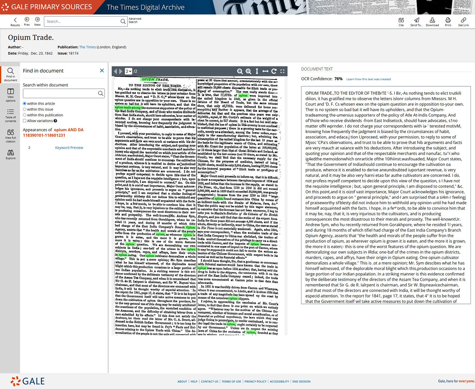 An article from The Times as it appears in the Gale Primary Sources platform, complete with OCR text, citation tools, and explore options.