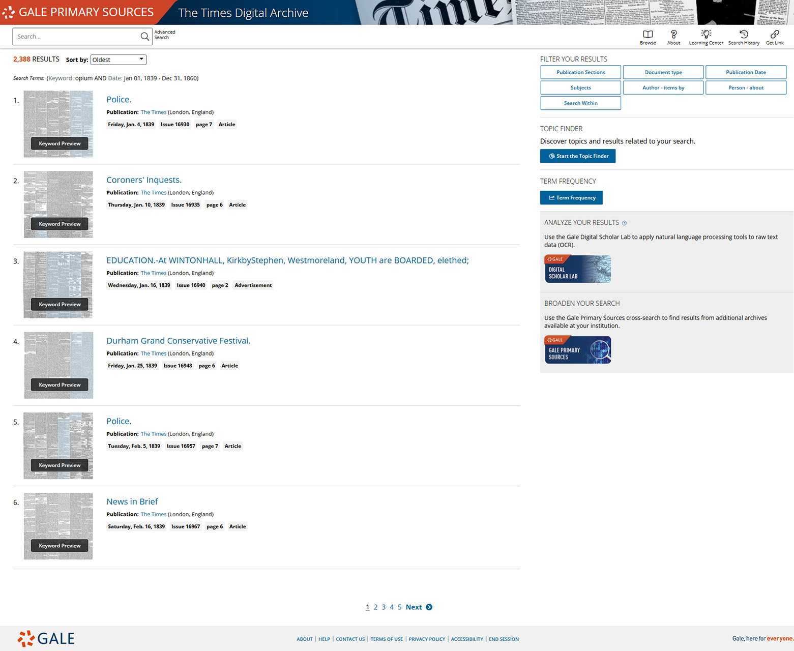 The search results window for The Times Digital Archive. You can see the Term Frequency and Topic Finder tools on the right.