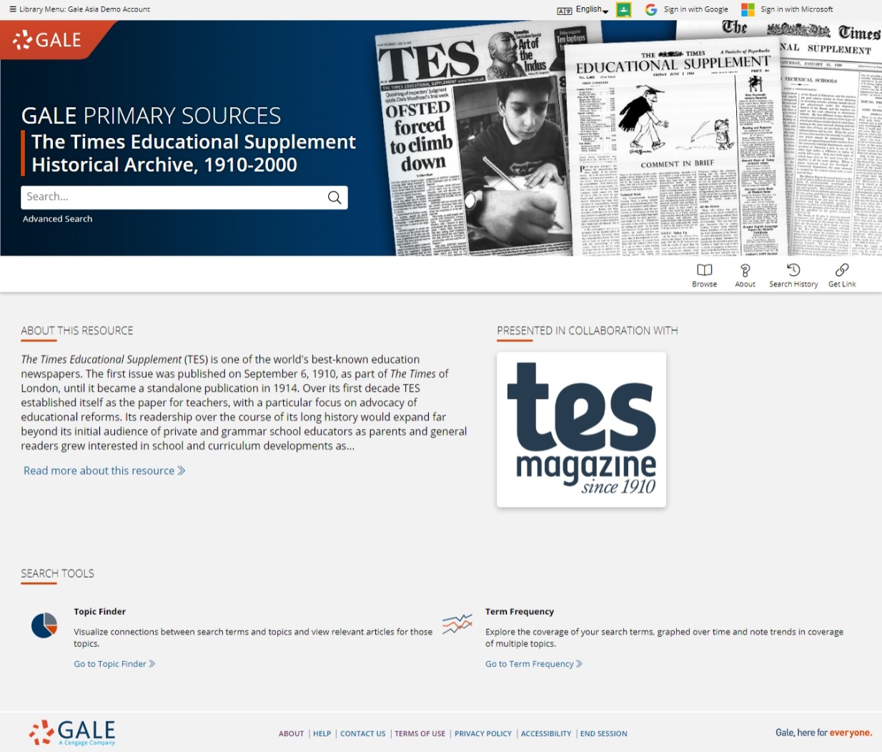 『タイムズ教育誌（TES）』歴史アーカイブ ホーム画面