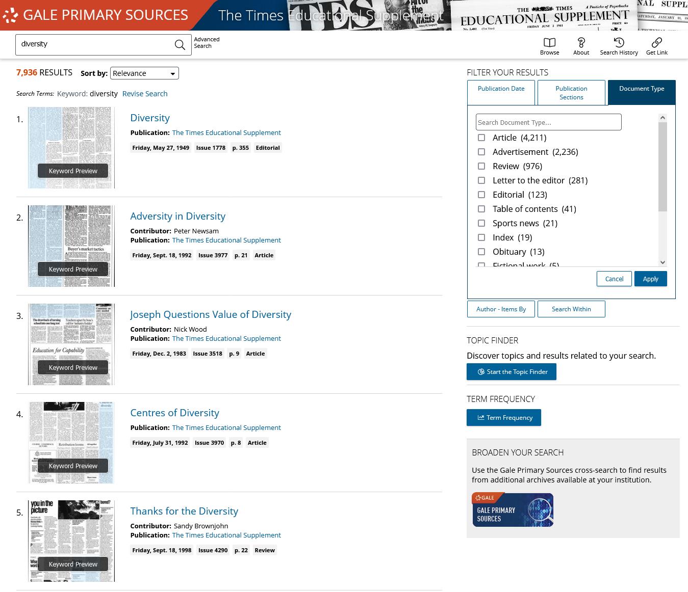 『タイムズ教育誌（TES）』歴史アーカイブ 検索結果画面