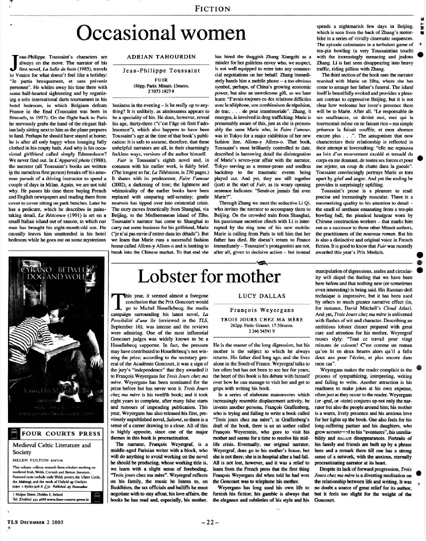 2005年12月21日，露西·达拉斯评弗朗索瓦·威尔冈的《在我母亲家的三天》