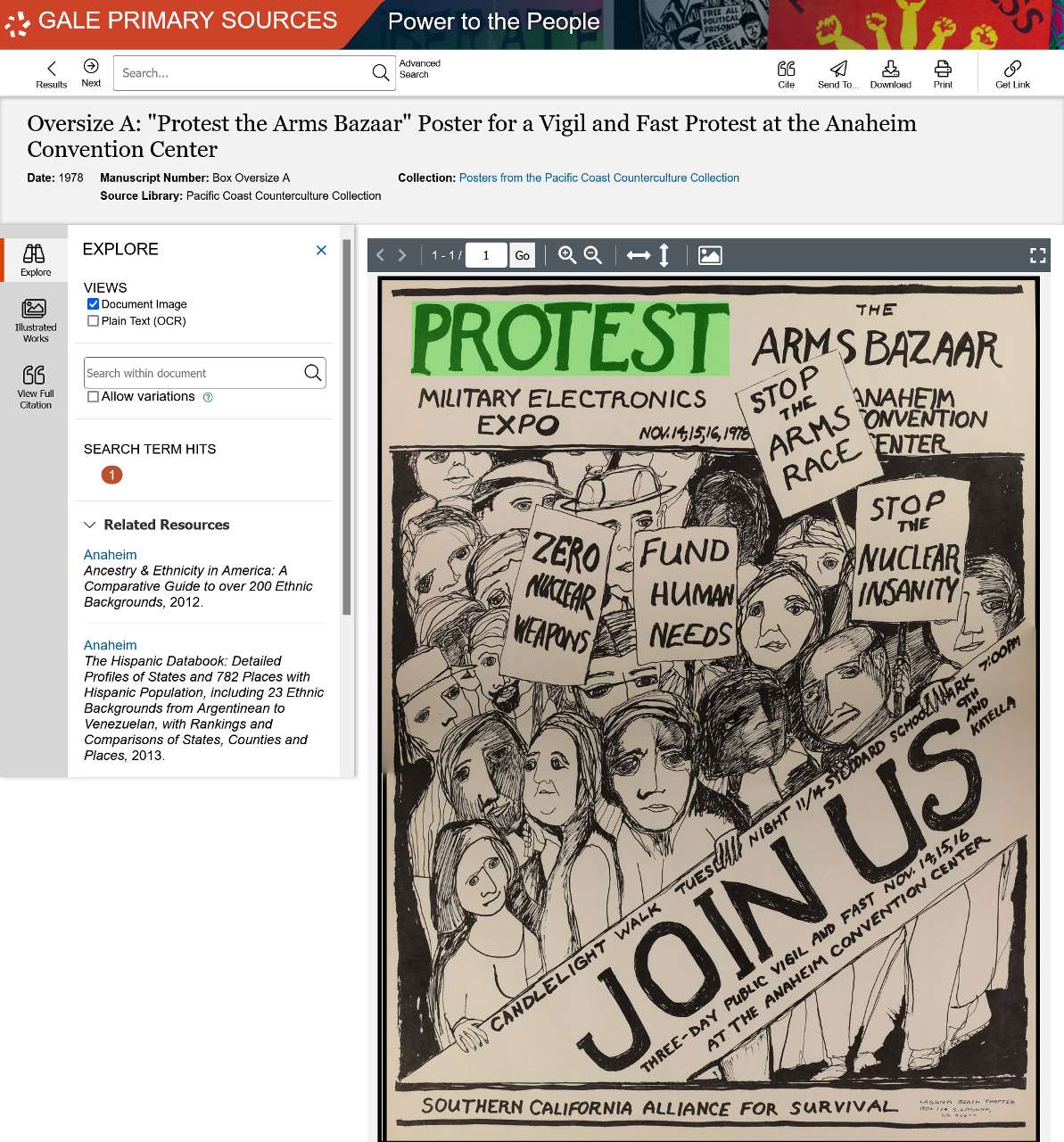 Oversize A: 'Protest the Arms Bazaar' Poster for a Vigil and Fast Protest at the Anaheim Convention Center. 1978. TS Posters from the Pacific Coast Counterculture Collection Box Oversize A. Pacific Coast Counterculture Collection. Power to the People, link.gale.com/apps/doc/KEQCCQ248034670/POPC?u=asiademo&sid=bookmark-POPC&xid=934061a2&pg=1.