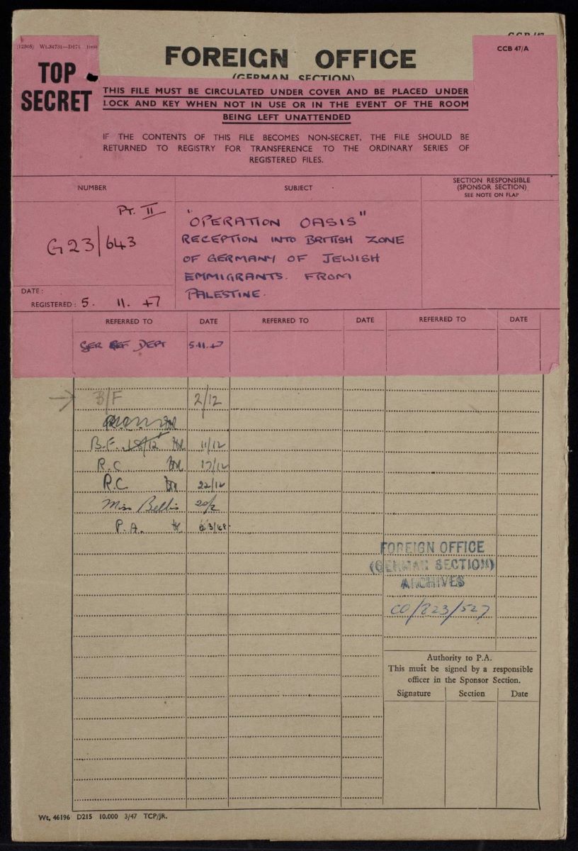 Operation Oasis File_FO_945_763_00020 For Operation Oasis, referenced in this top secret file from the British Foreign Office, the British prevented the SS Exodus from bringing Jewish refugees to Palestine and ultimately sent its passengers to the British zone of Germany, where they were forcibly removed from the ship and put in displaced person camps. U.K. National Archives Foreign Office 945/763