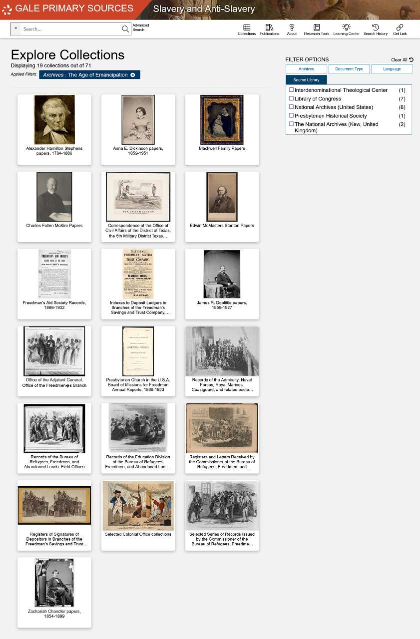 Slavery and Anti-Slavery: A Transnational Archive第４部のコレクション選択画面