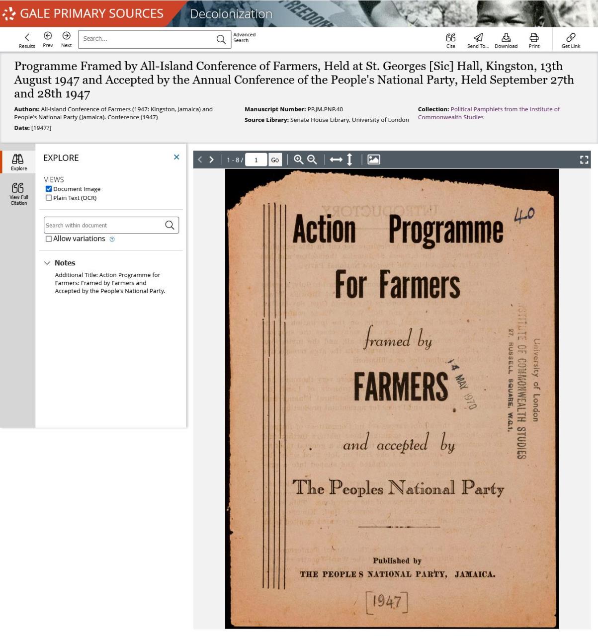 ジャマイカ全島農家会議／人民国家党「農家の活動プログラム」（1947年）