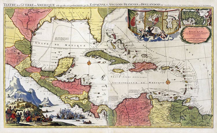 Image of a colonial map of the Caribbean and Gulf of Mexico, early 1700s