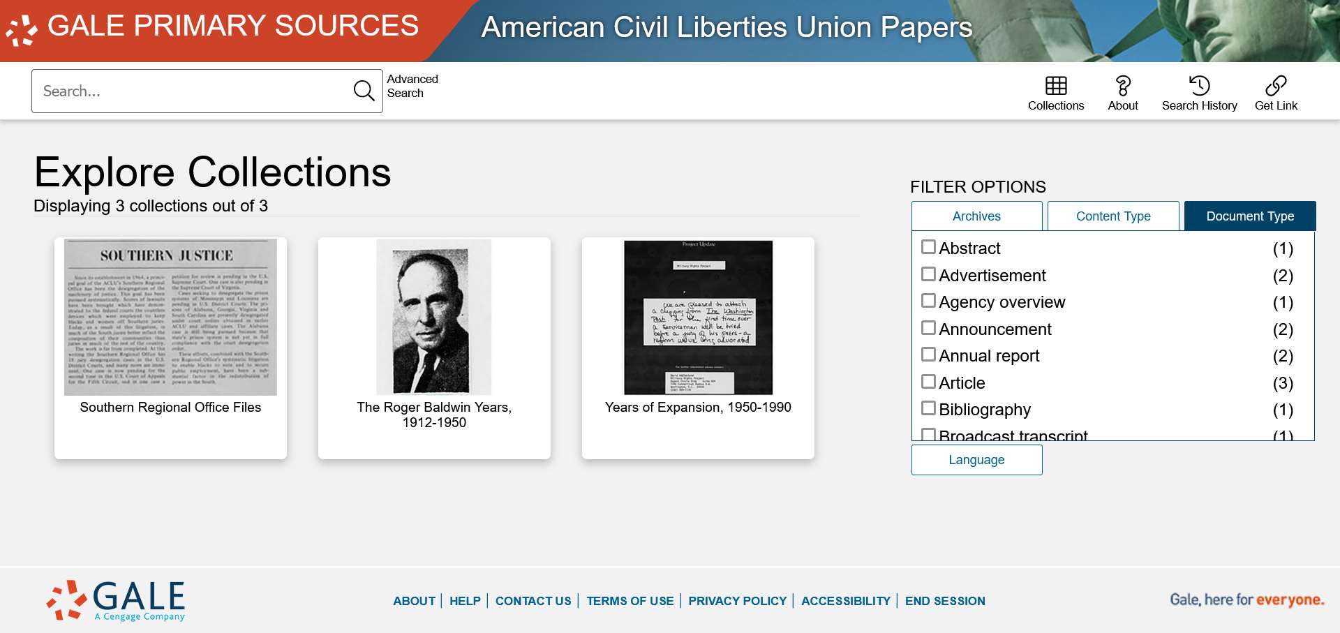 The Making of Modern Law: American Civil Liberties Union Papersのコレクション選択画面