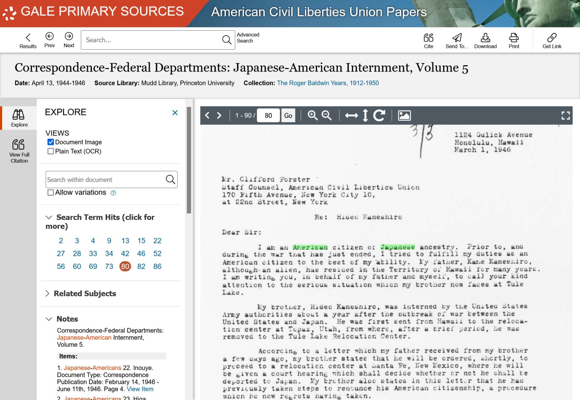The Making of Modern Law: American Civil Liberties Union Papersの文献表示画面