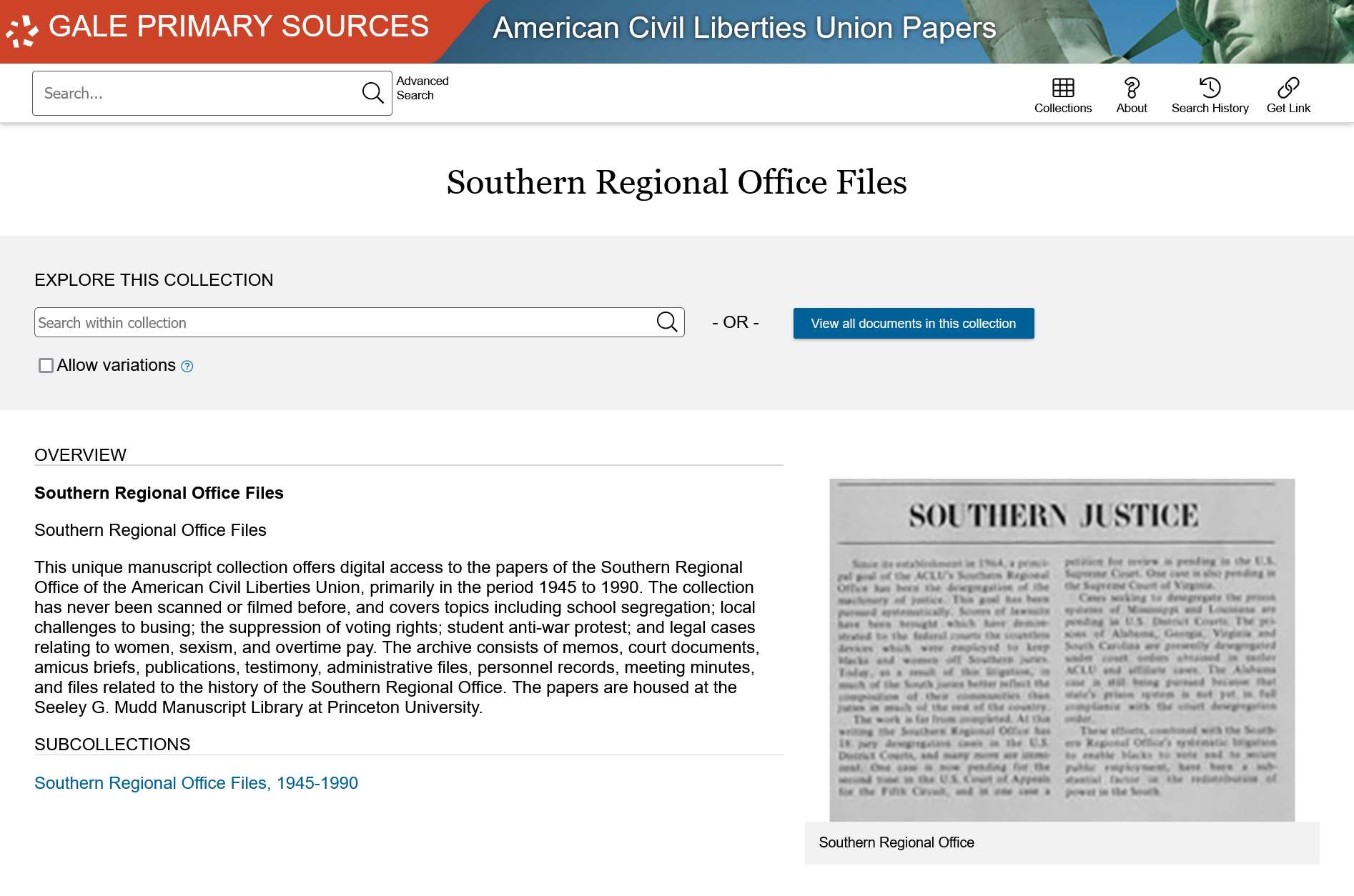 The Making of Modern Law: American Civil Liberties Union Papers, Part II: Southern Regional Officeの南部支局文書集のコレクション閲覧画面