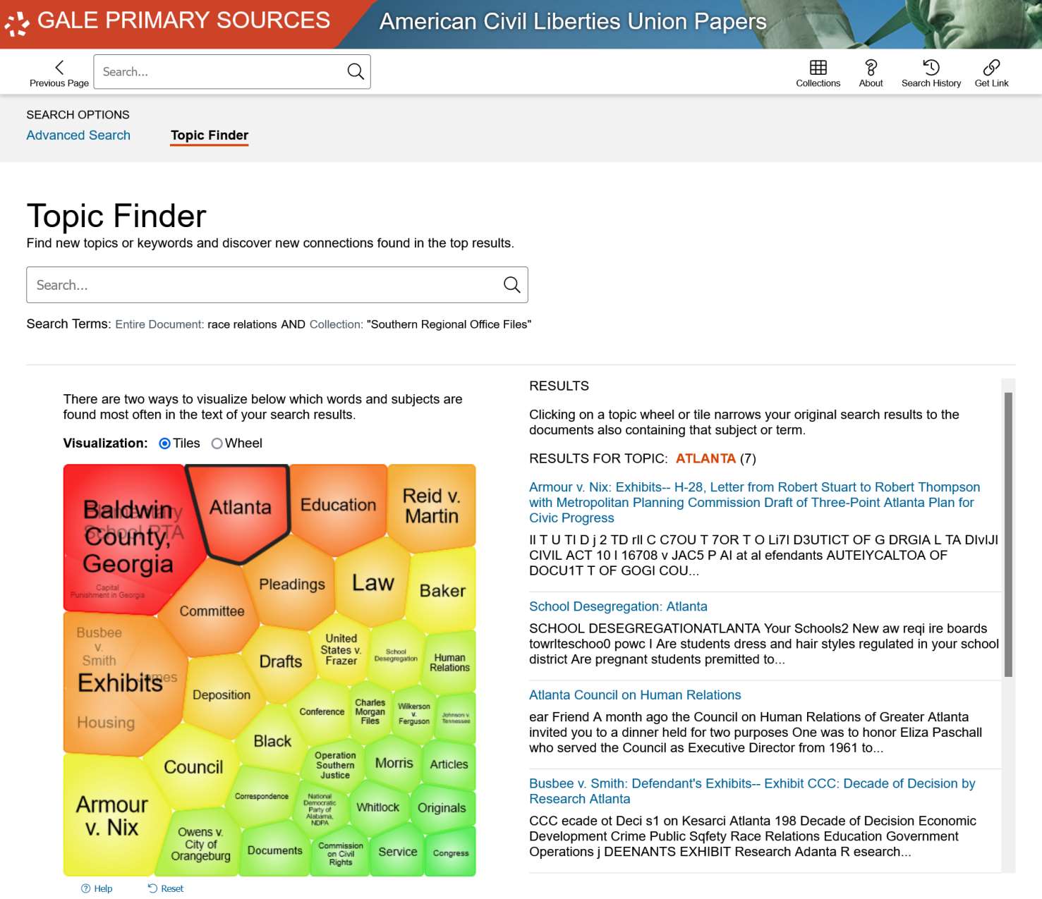 The Making of Modern Law: American Civil Liberties Union Papers, Part II: Southern Regional OfficeのTopic Finder機能
