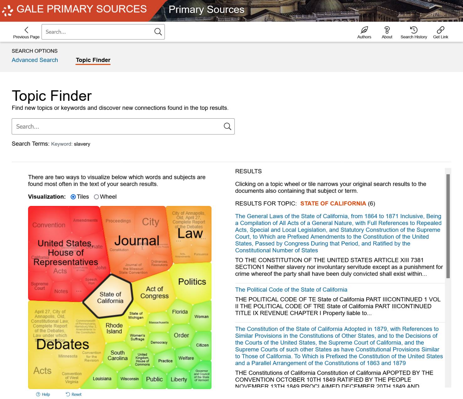 The Making of Modern Law: Primary SourcesのTopic Finder機能