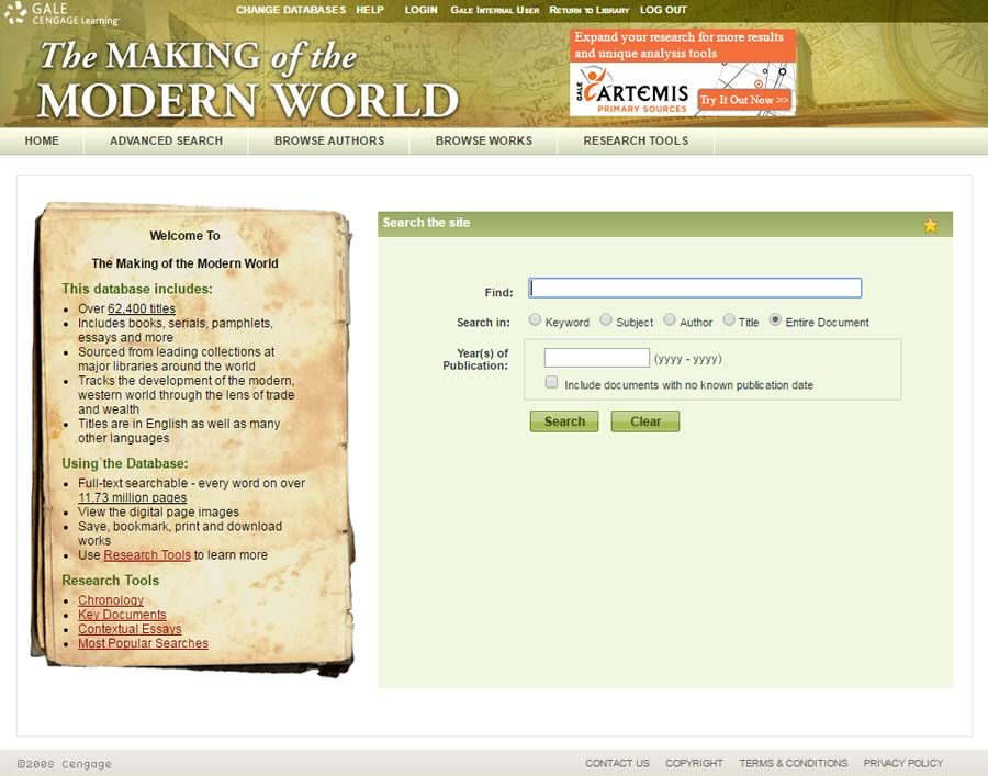 Utilize the Making of the Modern World’s interface to search the database by keyword, year of publication, and more