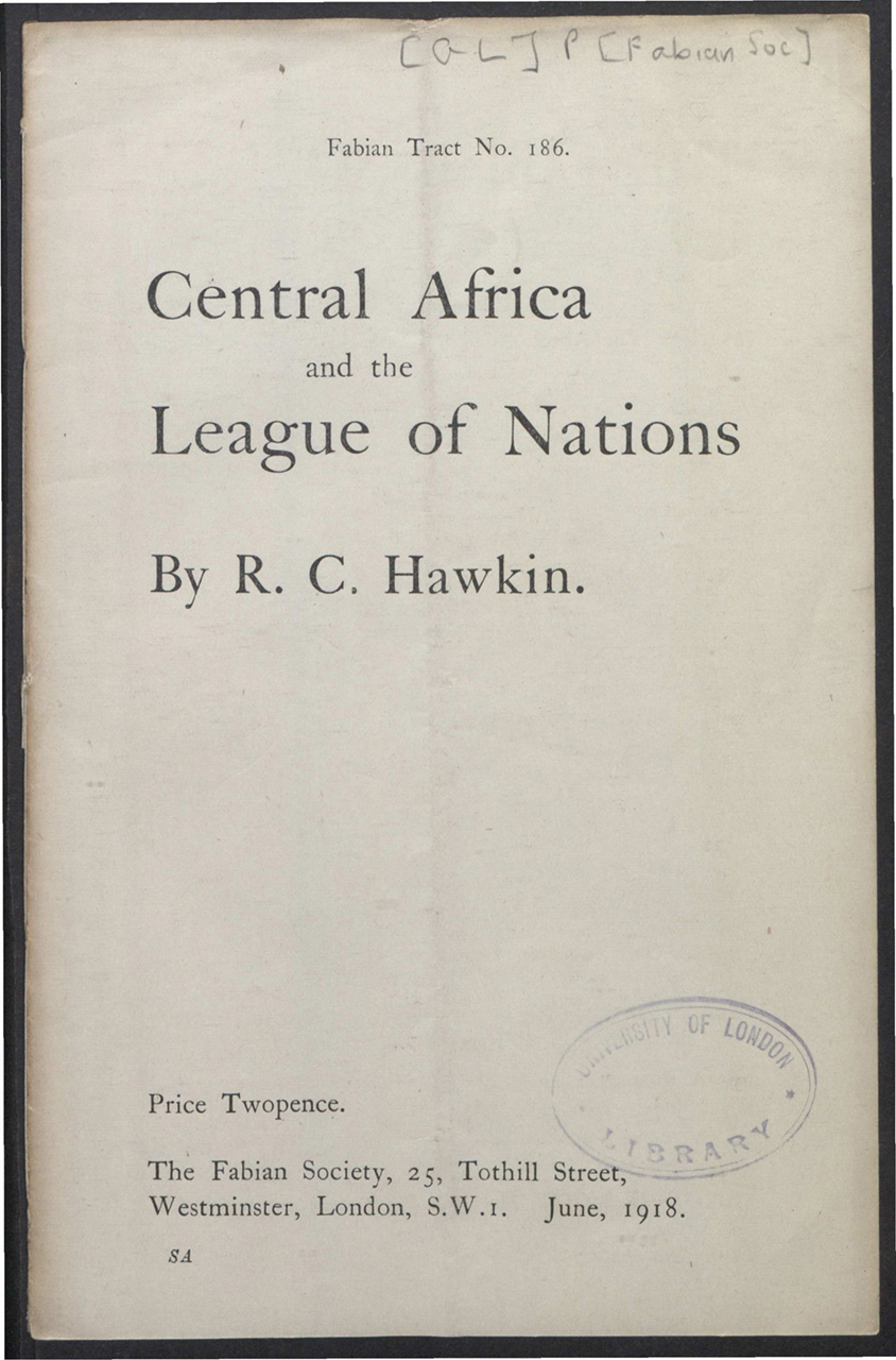 费边社小册子No.186，R. C. Hawkin著《中部非洲和国家联盟》
