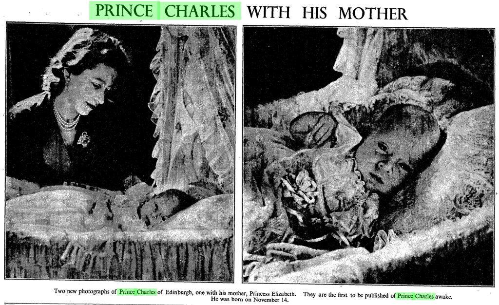 British Royal Babies - Prince Charles pictured with his mother in the Times, 1948
