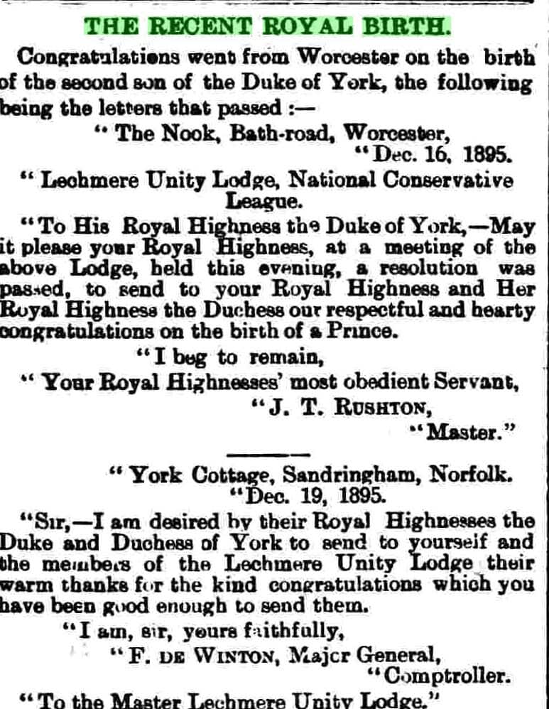 British Royal Babies - congratulatory correspondence between the National Conservative League from Worcester and F. De Winton, (on behalf of the Royal parents, the Duke and Duchess of York) 