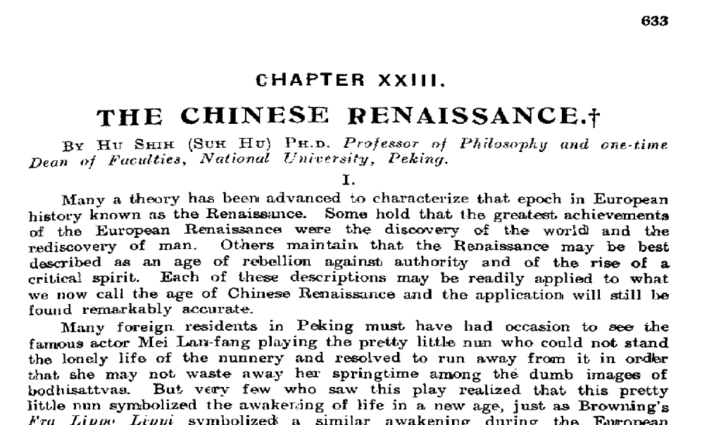 Hu Shih's Chapter in The China Year Book 1924-5 on The Chinese Renaissance, part of the May Fourth Movement