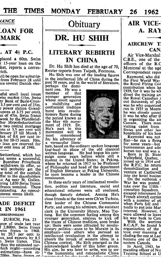 Obituary in the Times for Dr. Hu Shih, a key figure in the May Fourth Movement