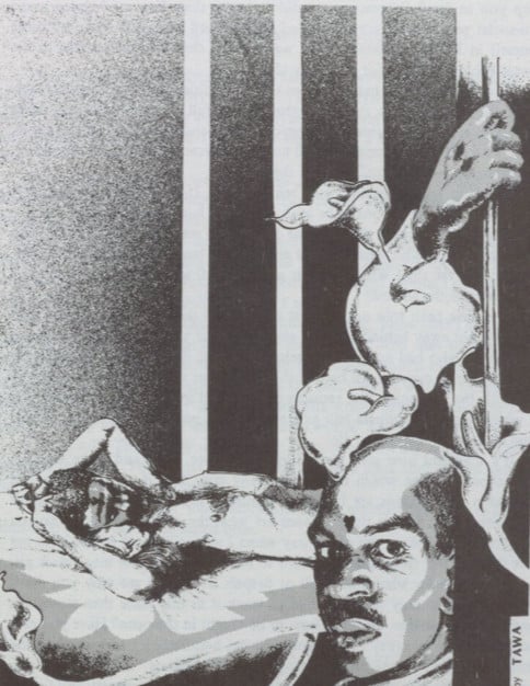 Graphics drawn by incarcerated black gay men express the loneliness and isolation of their lives behind bars. Blackheart gave a voice to some of these men in their 1984 special prison edition, which addressed many of the struggles faced by blacks and gays in prison head-on. 
"Blackheart 2." Blackheart: A Journal of Writing and Graphics by Black Gay Men, 1984. Archives of Sexuality & Gender
