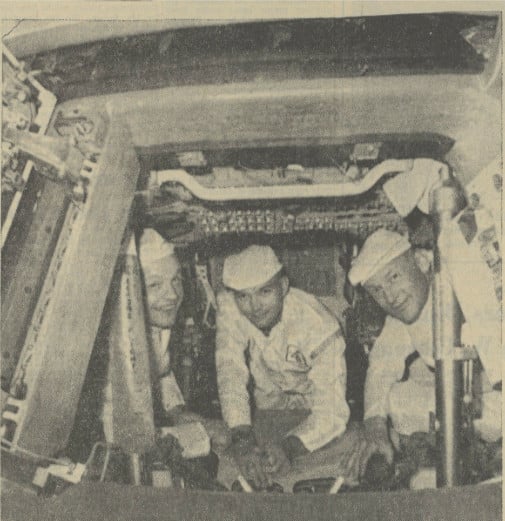 “The Apollo astronauts getting…familiar with the capsule that will take them to the suburbs of the moon next month…from left: Neil Armstrong, Michael Collins and Edwin Aldrin.” "Astronauts to Plant U.S. Flag on the Moon." International Herald Tribune [European Edition], 12 June 1969, p. [1]+. International Herald Tribune Historical Archive 1887-2013, 
