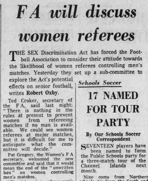 Oxby, Robert. "FA will discuss women referees." Daily Telegraph, 16 Mar. 1976, p. 26. The Telegraph Historical Archive