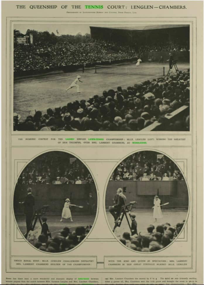 "The Queenship of the Tennis Court: Lenglen—Chambers." Illustrated London News, 12 July 1919, p. 49 
