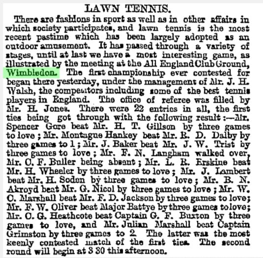 "Lawn Tennis." Times, 10 July 1877, p. 10. The Times Digital Archive, 