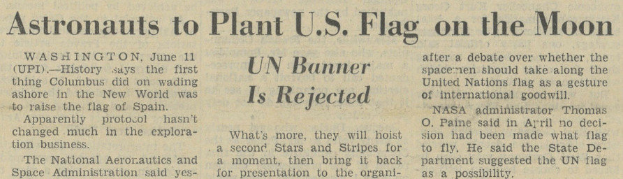 "Astronauts to Plant U.S. Flag on the Moon." International Herald Tribune [European Edition], 12 June 1969, p. [1]+. International Herald Tribune Historical Archive 1887-2013
