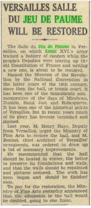 "Versailles Salle Du Jeu De Paume Will Be Restored." New York Herald [European Edition], 26 Sept. 1929, p. 9. International Herald Tribune Historical Archive 1887-2013 