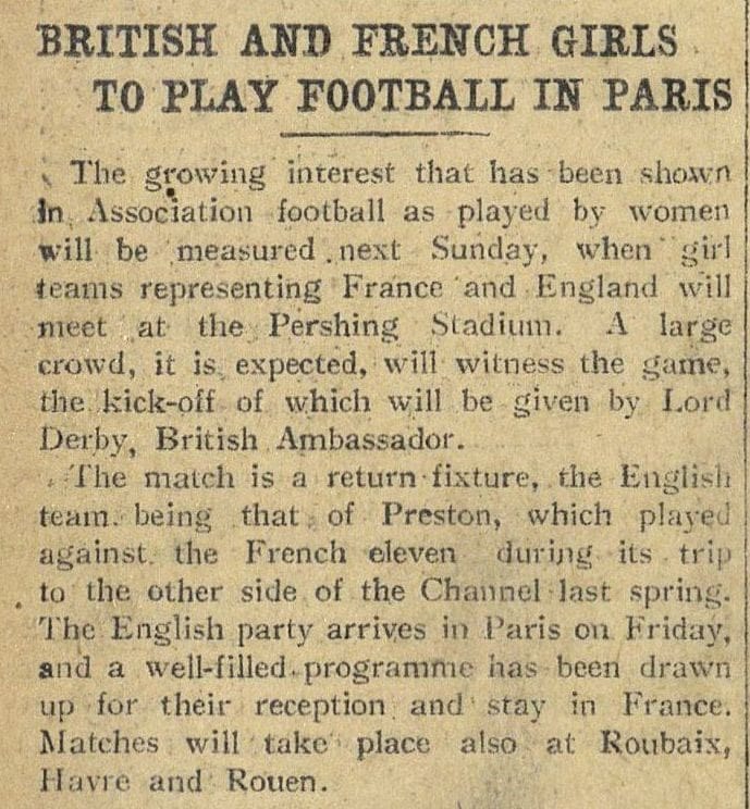 "British and French Girls to Play Football in Paris." New York Herald [European Edition], 24 Oct. 1920, p. 6. International Herald Tribune Historical Archive 1887-2013