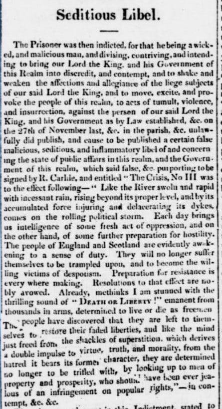 "Seditious Libel." Chester Chronicle, 21 Jan. 1820, p. 1. British Library Newspapers, https://link.gale.com/apps/doc/JE3233319745/GDCS?u=webdemo&sid=GDCS&xid=624630b1