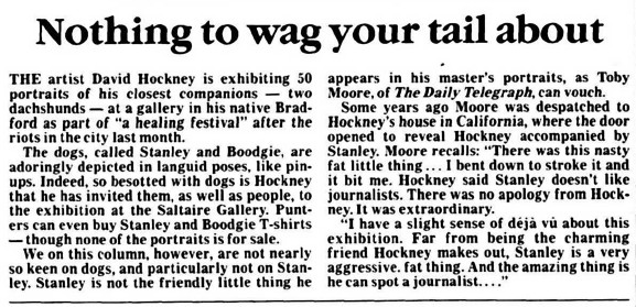 "Nothing to wag your tail about." Sunday Telegraph, 2 July 1995, p. 34. The Telegraph Historical Archive, 