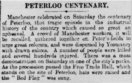 "Peterloo Centenary." Daily Telegraph, 18 Aug. 1919, p. 7. The Telegraph Historical Archive, https://link.gale.com/apps/doc/IO0704537748/GDCS?u=webdemo&sid=GDCS&xid=502a70ee